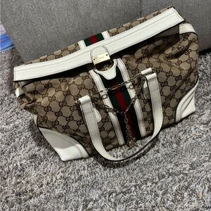 Gucci Beige and Brown Monogram Bag with Gold Accents
